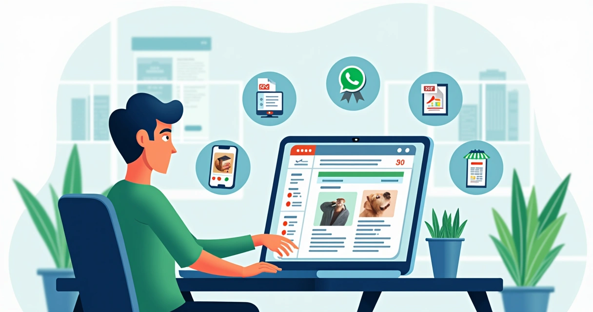 Ilustração de lojista criando catálogo digital em computador com fotos de produtos, ícones de WhatsApp, cupons e design responsivo em fundo colorido