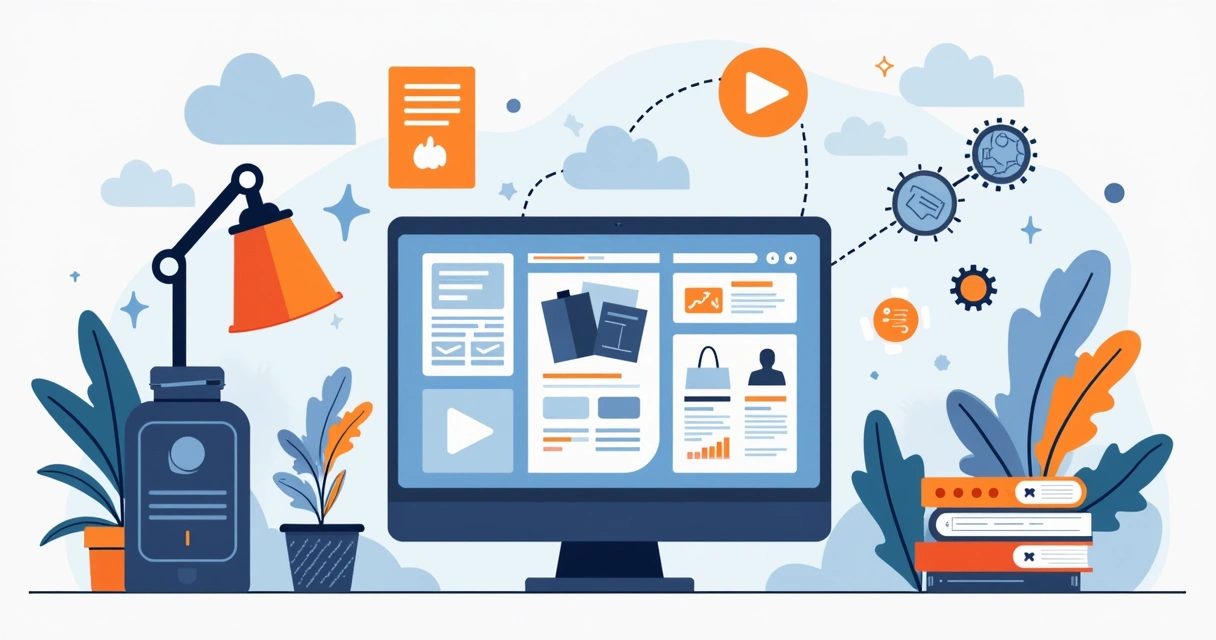 Ilustração corporativa plana mostrando processo de criação de página de vendas online com computador, elementos de texto, imagens e integração de WhatsApp