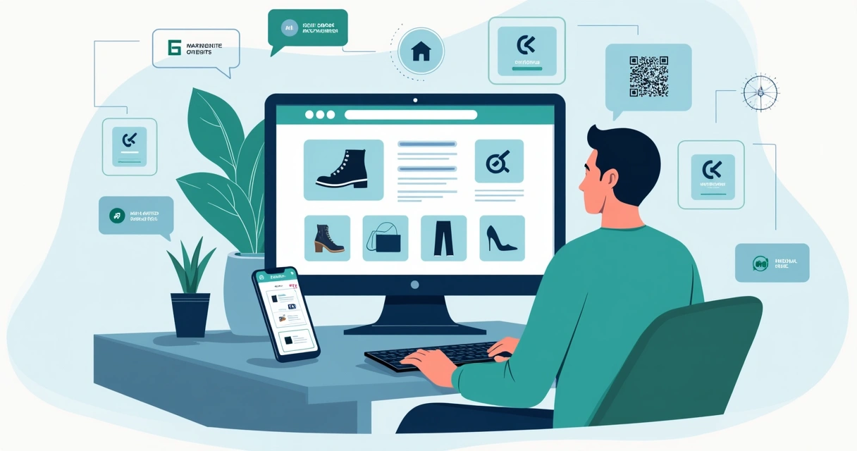 Ilustração plana corporativa de lojista criando site de compra com catálogo digital e pedidos via WhatsApp