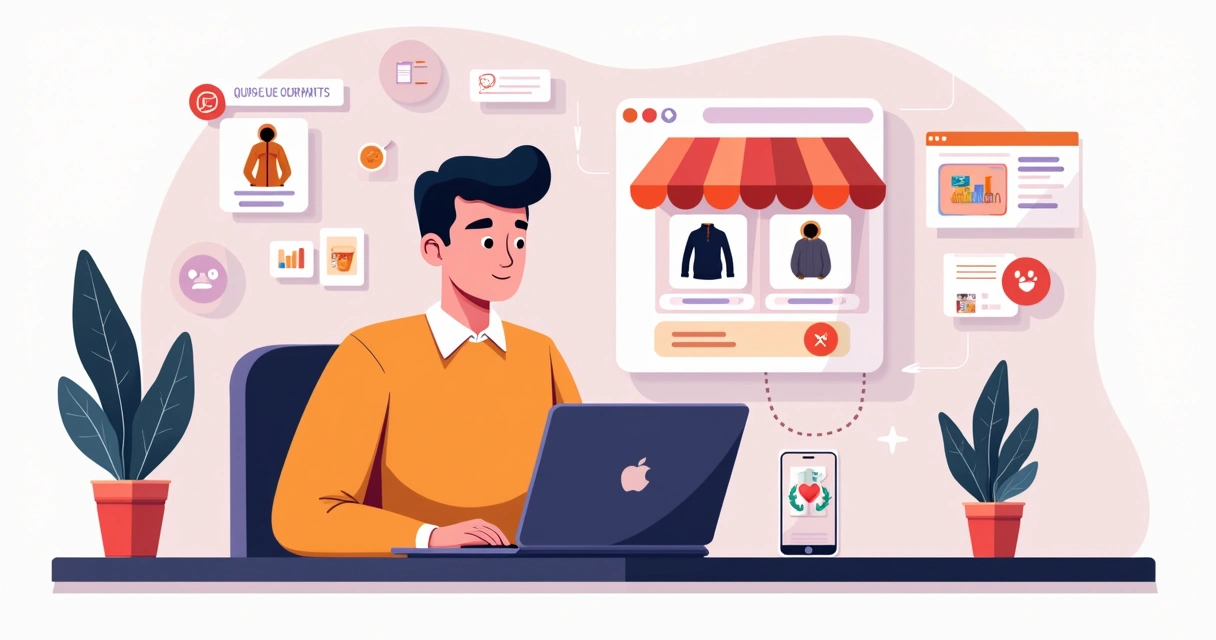 Ilustração corporativa de lojista criando site com catálogo digital em computador, integrando WhatsApp, marketing e design responsivo