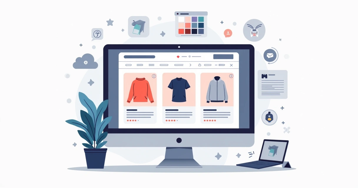 Ilustração corporativa flat mostrando tela de computador com site de loja de roupas digital aberto, com catálogo de produtos, fotos e descrições detalhadas, elementos de design e interações de usuário