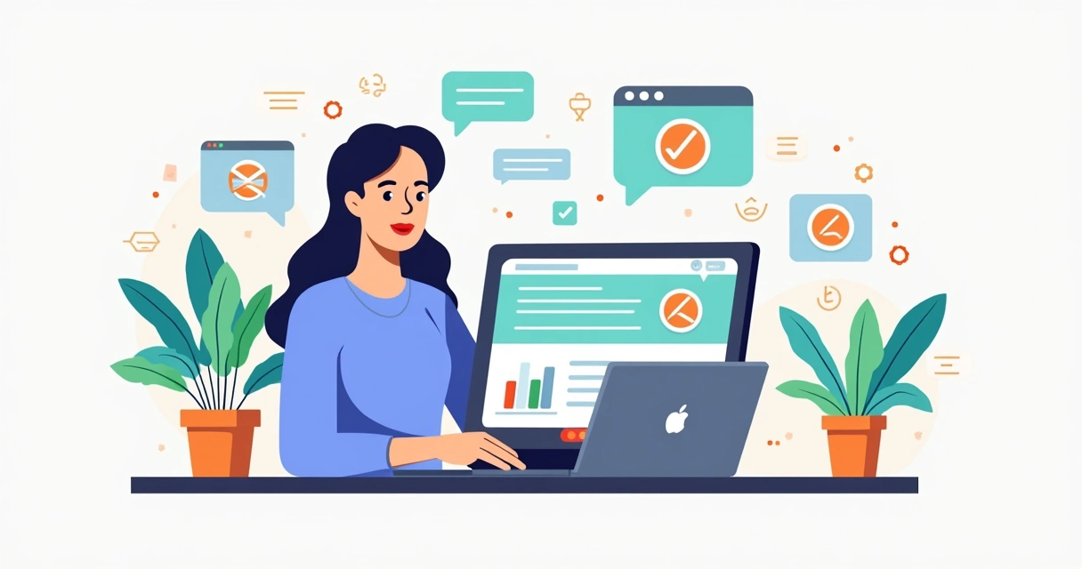 Ilustração corporativa flat mostrando pessoa criando site de vendas online no computador com ícones de produtos, WhatsApp e catálogo digital ao redor