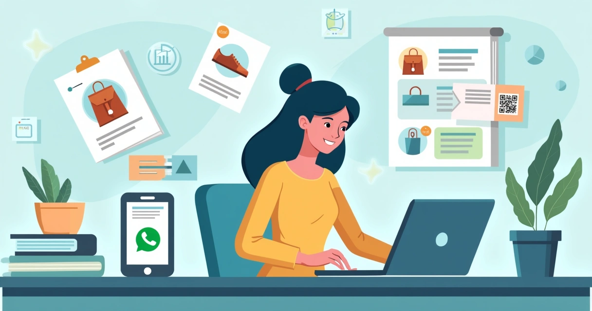 Ilustração corporativa flat de lojista criando catálogo digital com produtos, usando laptop e smartphone, integrando com WhatsApp para vendas