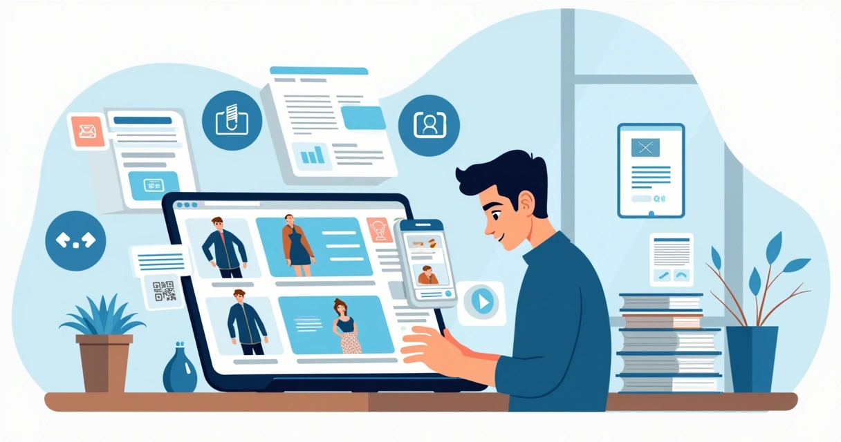 Ilustração corporativa plana mostrando comerciante criando site de vendas online com catálogo digital, produtos e integração com WhatsApp