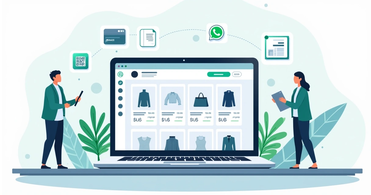 Ilustração de catálogo B2B digital em tela de computador com vendedores e empresas interagindo