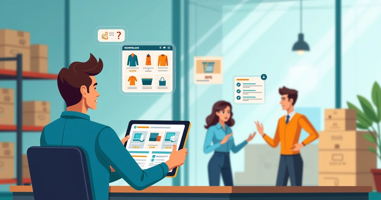 Atacadista usando catálogo digital B2B em tablet com clientes ao fundo