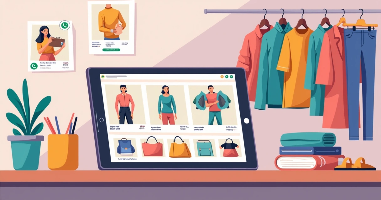 Catálogo digital de brechó exibido em tablet com roupas organizadas