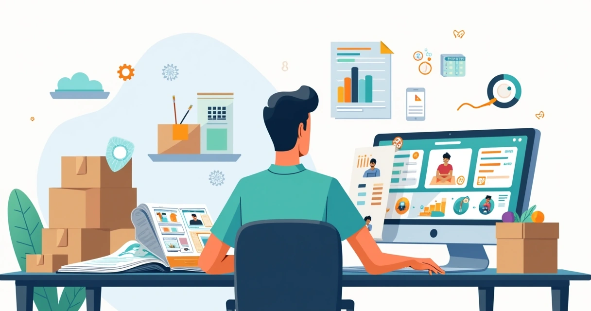 Distribuidor comparando catálogo físico em papel com catálogo digital em tablet