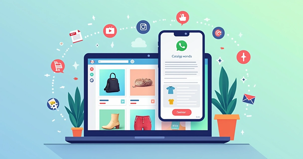 Ilustração flat corporativa de plataforma digital mostrando catálogo de produtos integrado com WhatsApp e recursos de gestão de vendas