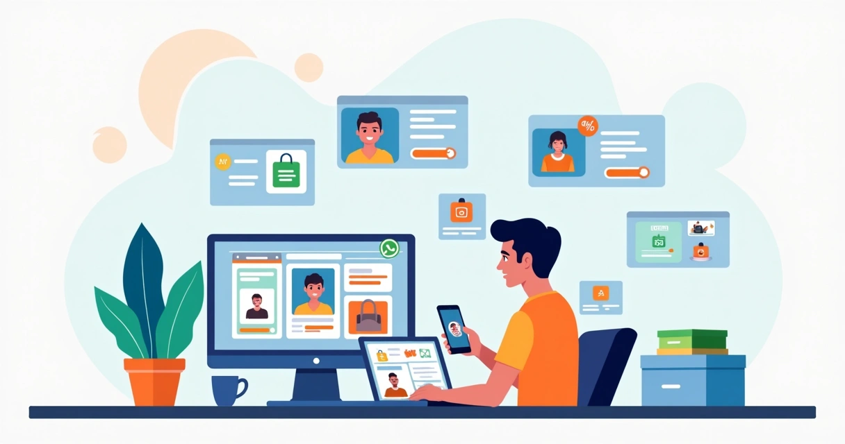 Ilustração de lojista usando plataforma de catálogo digital no notebook e celular