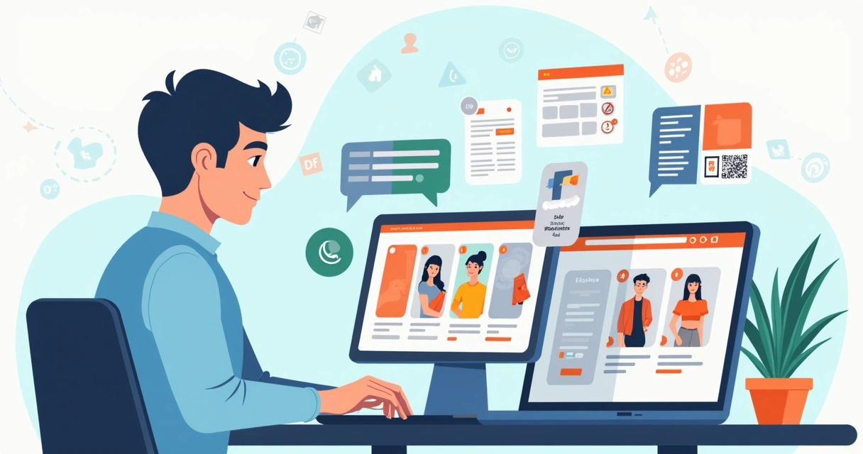 Distribuidor usando notebook e tablet com catálogo digital organizado