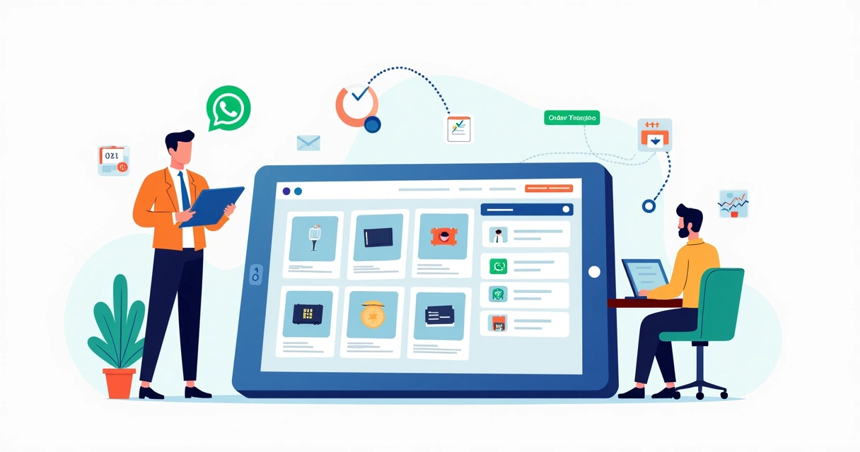 Representante comercial mostrando catálogo digital em tablet para cliente