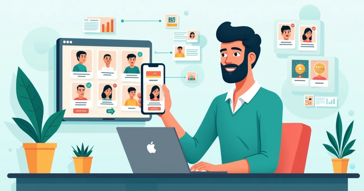 Ilustração de lojista usando catálogo digital integrado ao WhatsApp no computador e celular