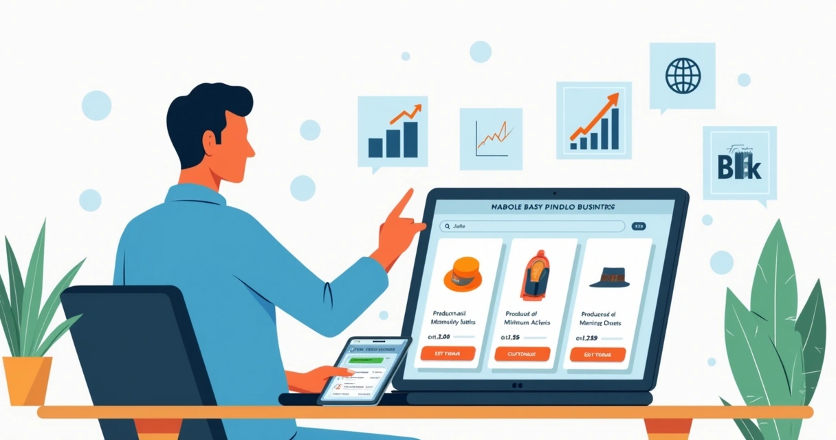 Ilustração de empresário organizando catálogo digital para atacado no computador