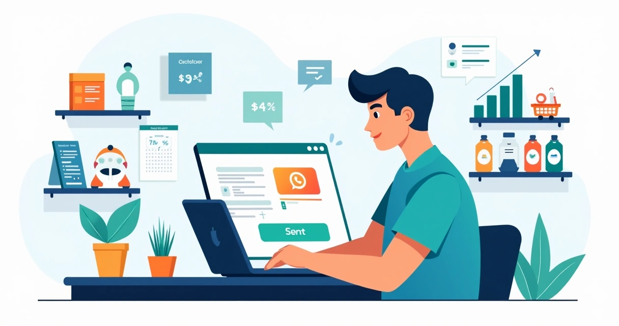 Lojista usando sistema de orçamento online no notebook conectado ao WhatsApp