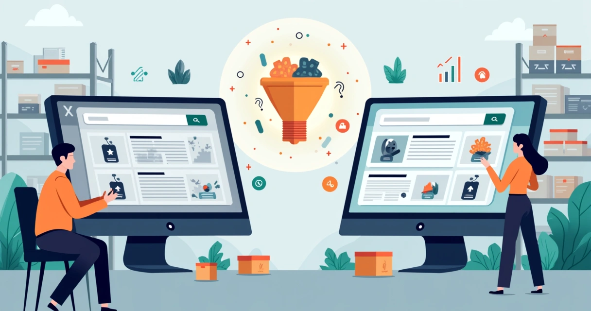 Comparação visual entre busca tradicional e inteligente em portal B2B