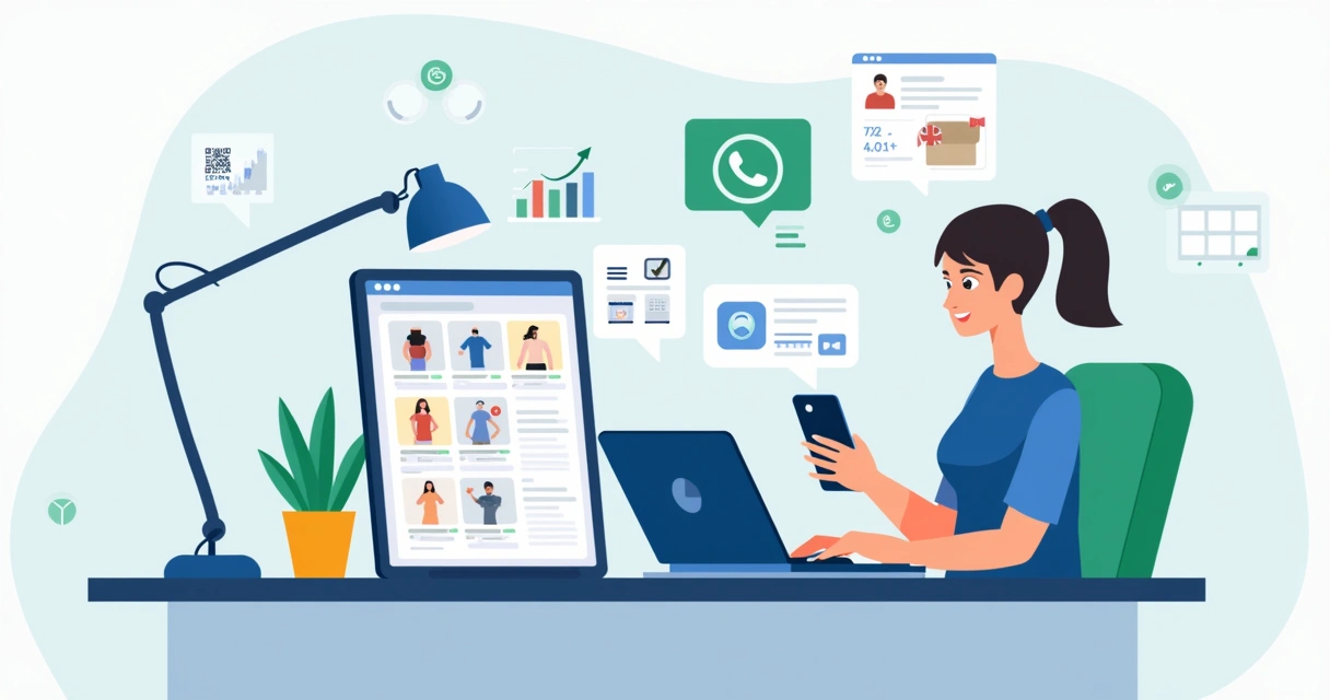 Ilustração de empresária usando catálogo digital para empresas no notebook e celular