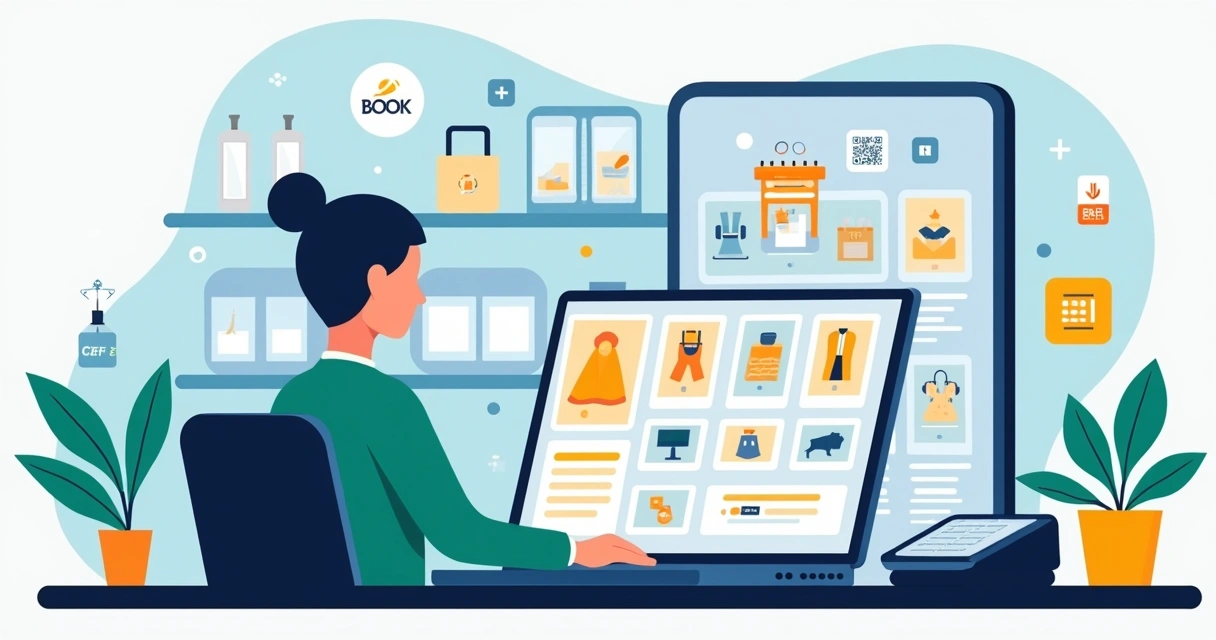 Vendedora usando notebook para criar catálogo digital da loja com produtos em destaque na tela