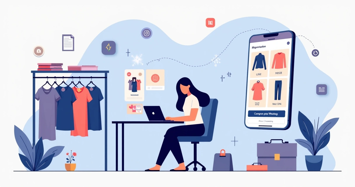 Ilustração de vendedora criando catálogo digital de roupas no notebook com vitrine online ao fundo