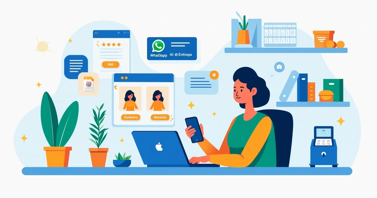 Ilustração de lojista usando catálogo digital com produtos e pedidos pelo WhatsApp