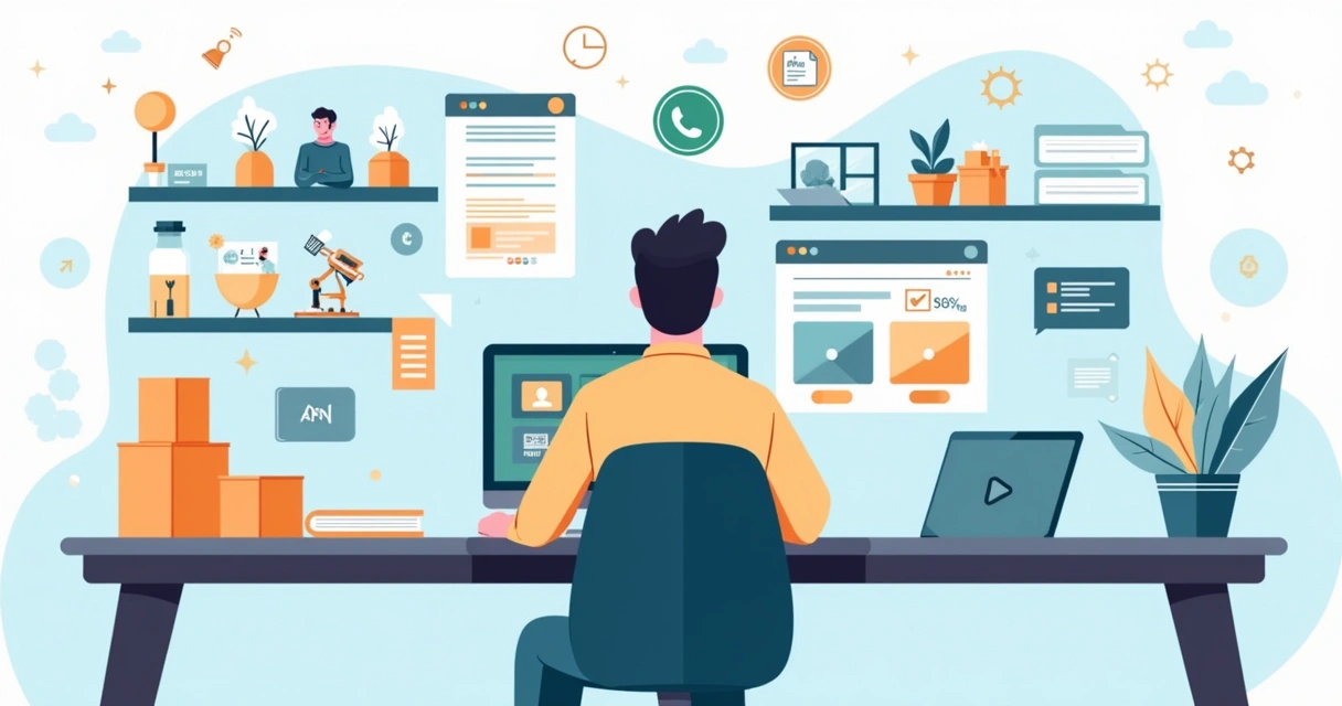 Ilustração de lojista usando notebook para criar catálogo digital de revenda