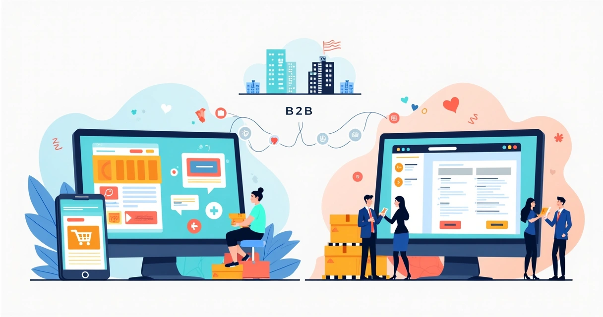 Ilustração comparando e-commerce B2C e B2B com duas lojas digitais lado a lado