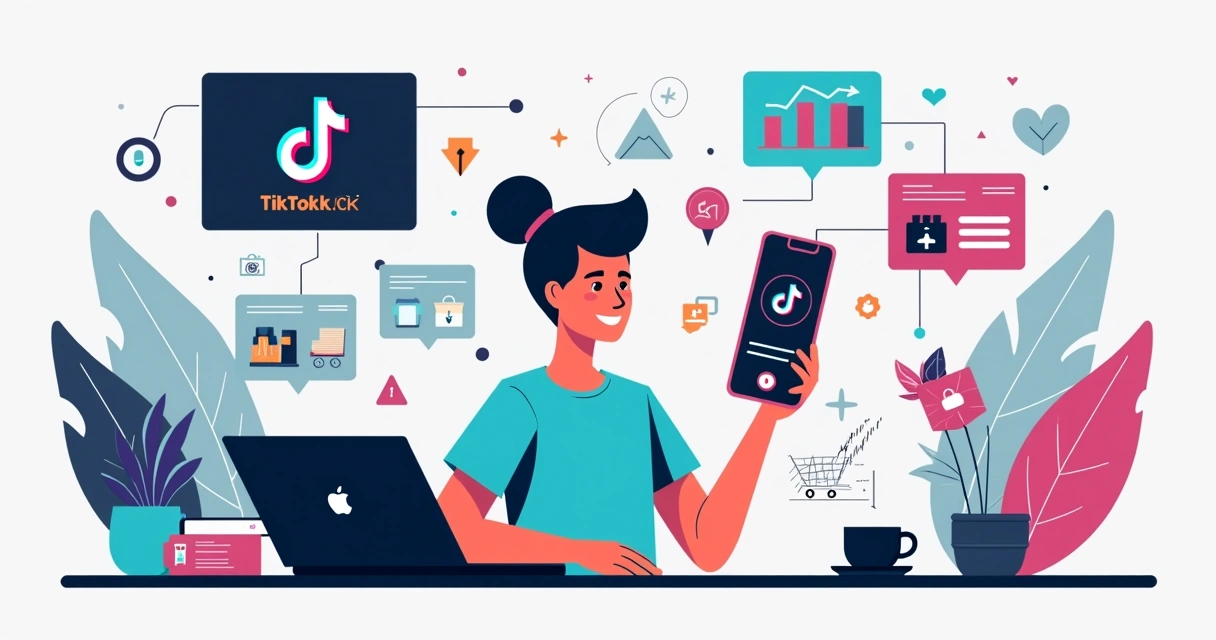 Ilustração de criador de conteúdo analisando gráficos de engajamento do TikTok Shop em um celular