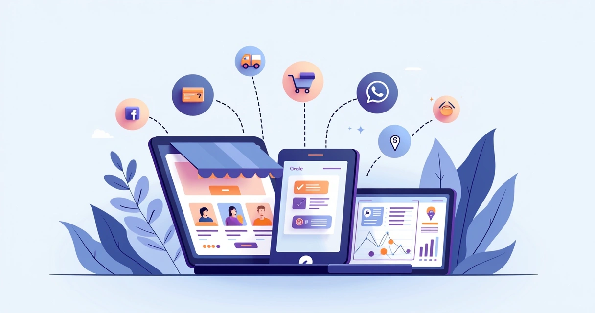 Ilustração de plataforma digital conectando loja virtual e clientes em vários dispositivos