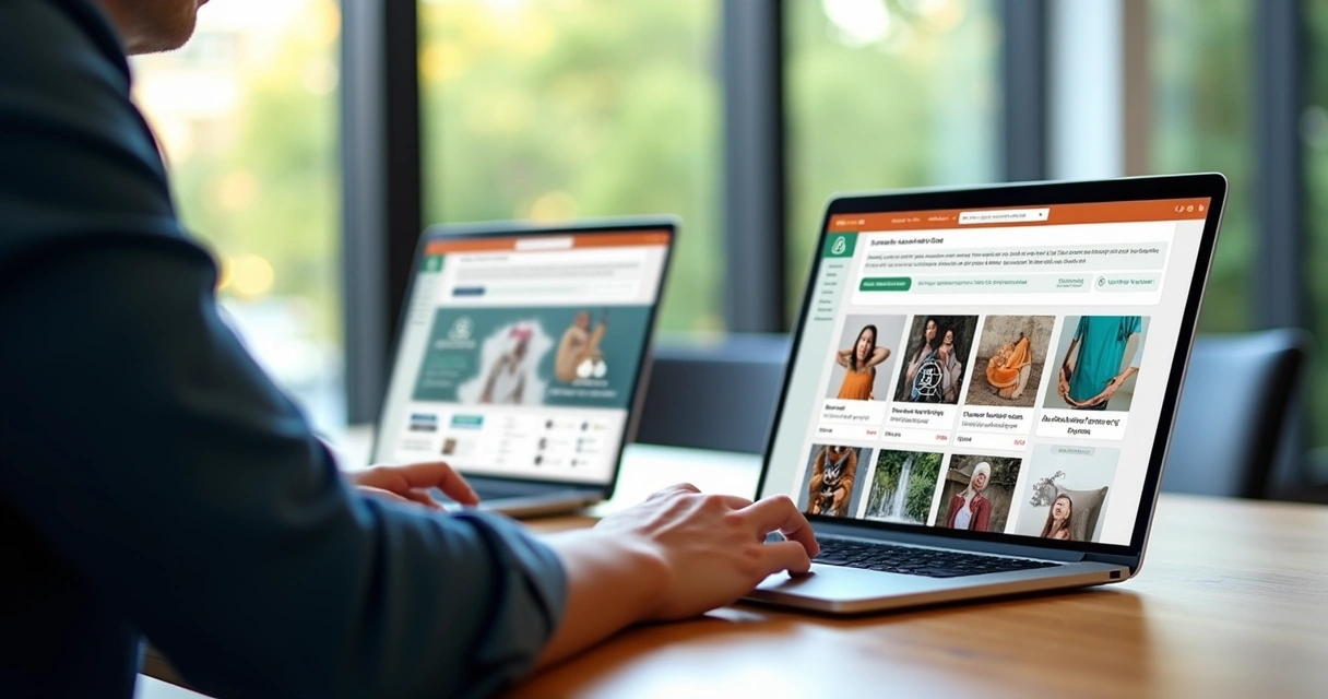 Comparação visual entre catálogo digital grátis limitado e catálogo profissional no laptop