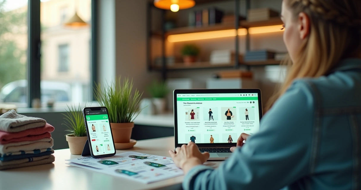 Lojista usando notebook para criar catálogo digital com produtos e pedidos no WhatsApp