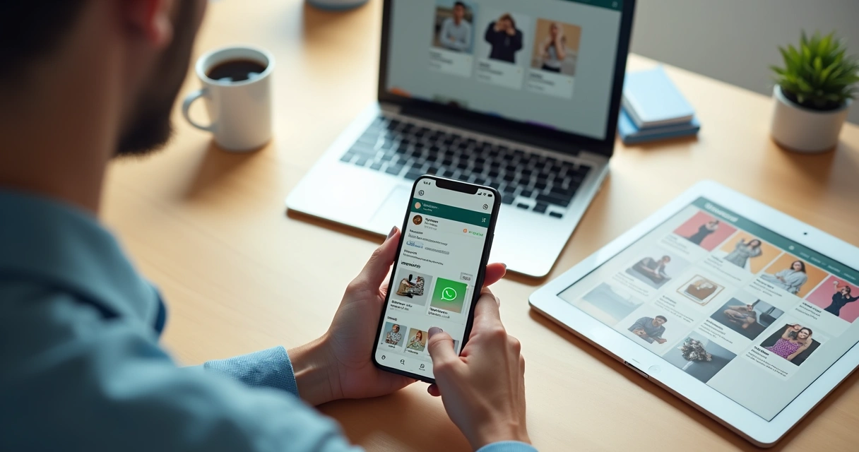 Pessoa criando catálogo digital no celular com WhatsApp Instagram e PDF na tela