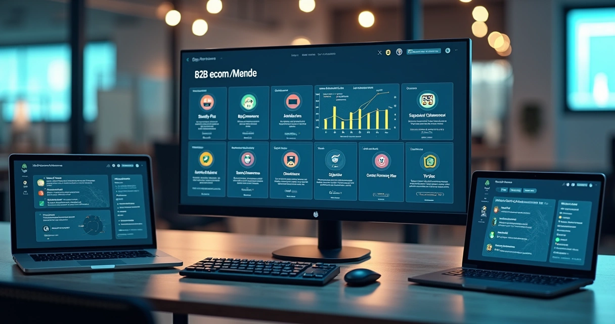 Painel com várias plataformas de ecommerce B2B conectadas e gráficos de desempenho