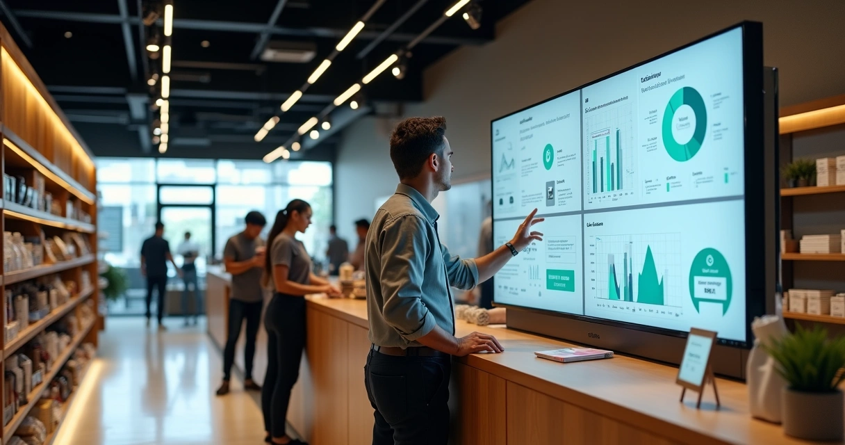 Gerente de loja de varejo analisando painel de dados com inteligência artificial no caixa