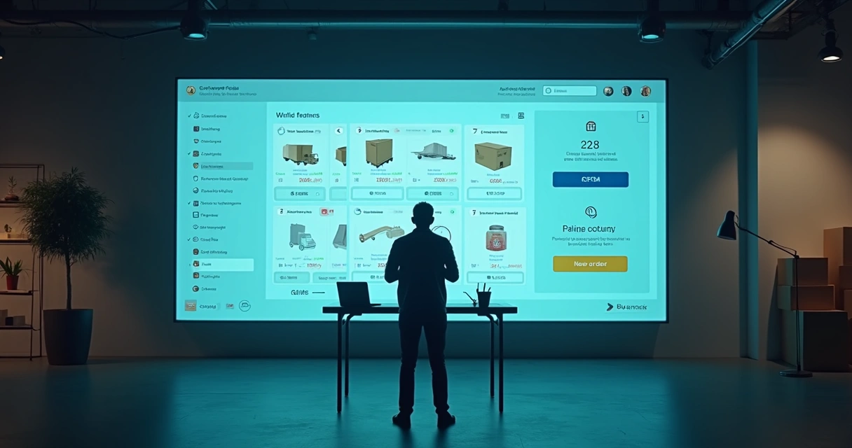 Lojista em estúdio escuro navegando por catálogo digital projetado em tela gigante
