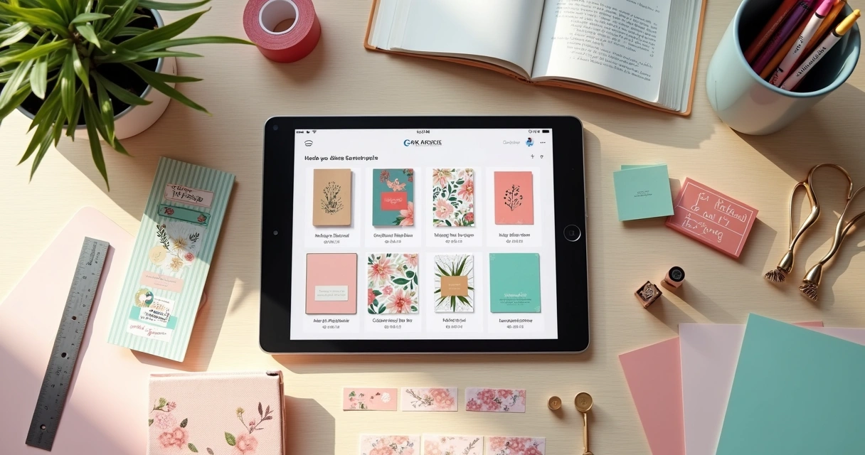 Mesa criativa com catálogo digital de papelaria personalizada aberto em tablet e materiais coloridos ao redor
