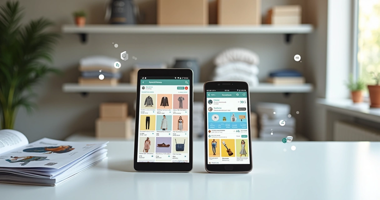 Tela de smartphone e tablet exibindo comparativo de aplicativos de catálogo digital