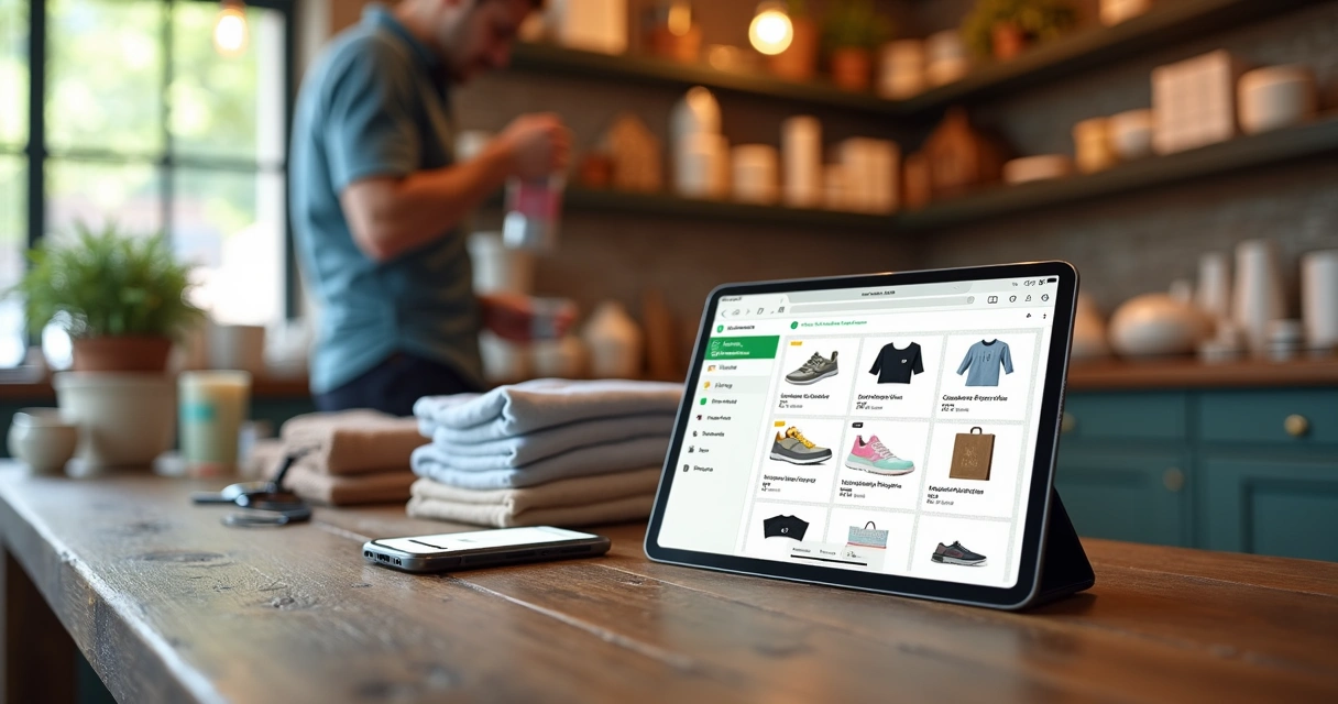 Lojista organizando catálogo de produtos online em tablet sobre mesa com mercadorias