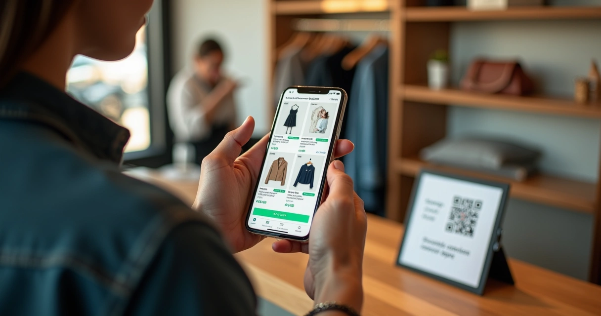 Cliente usando catálogo digital no celular dentro de loja física