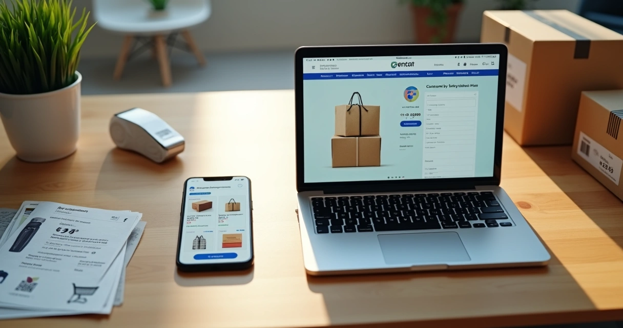 Comparação visual entre catálogo digital no celular e loja virtual no notebook