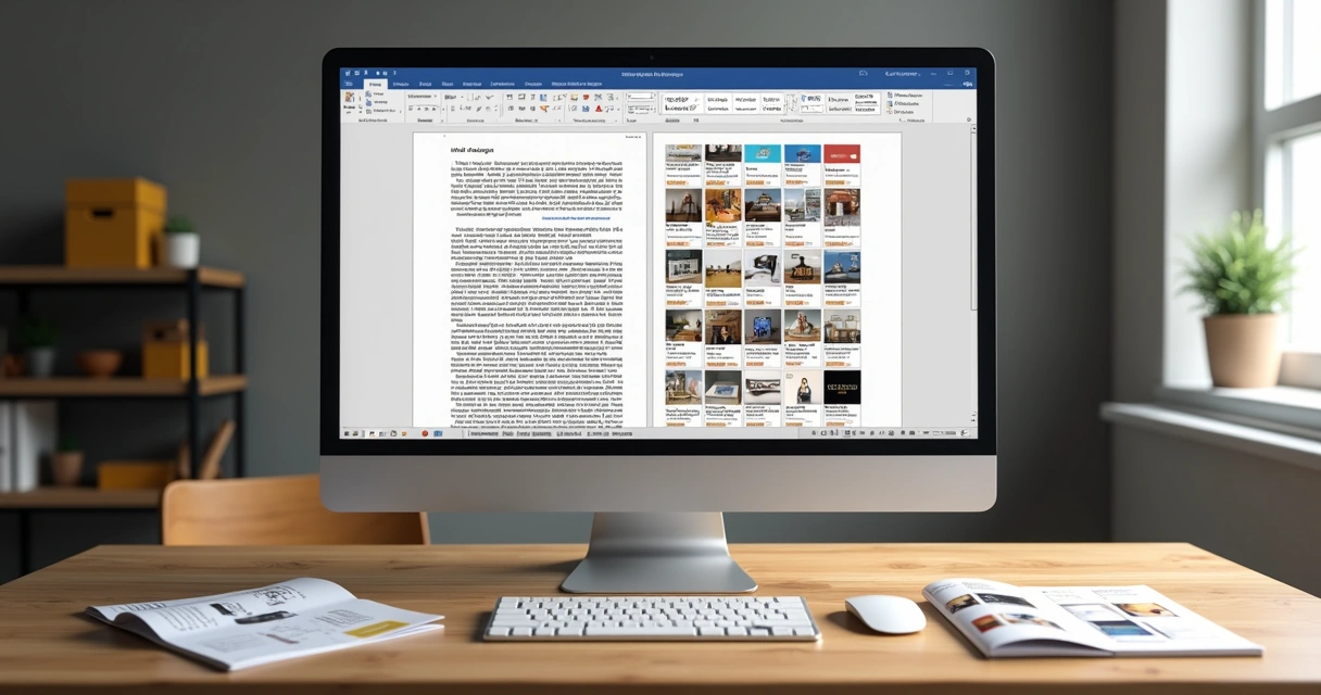 Comparação visual entre criação de catálogo de produtos no Word e na Gopage em tela dividida