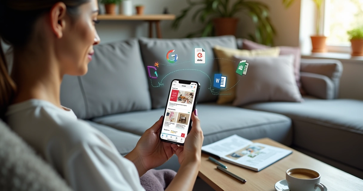 Empreendedora no sofá criando catálogo em PDF no celular com ícones de aplicativos ao redor