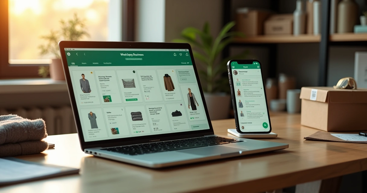 Microempreendedor ajustando catálogo virtual do WhatsApp Business no notebook com produtos organizados na tela