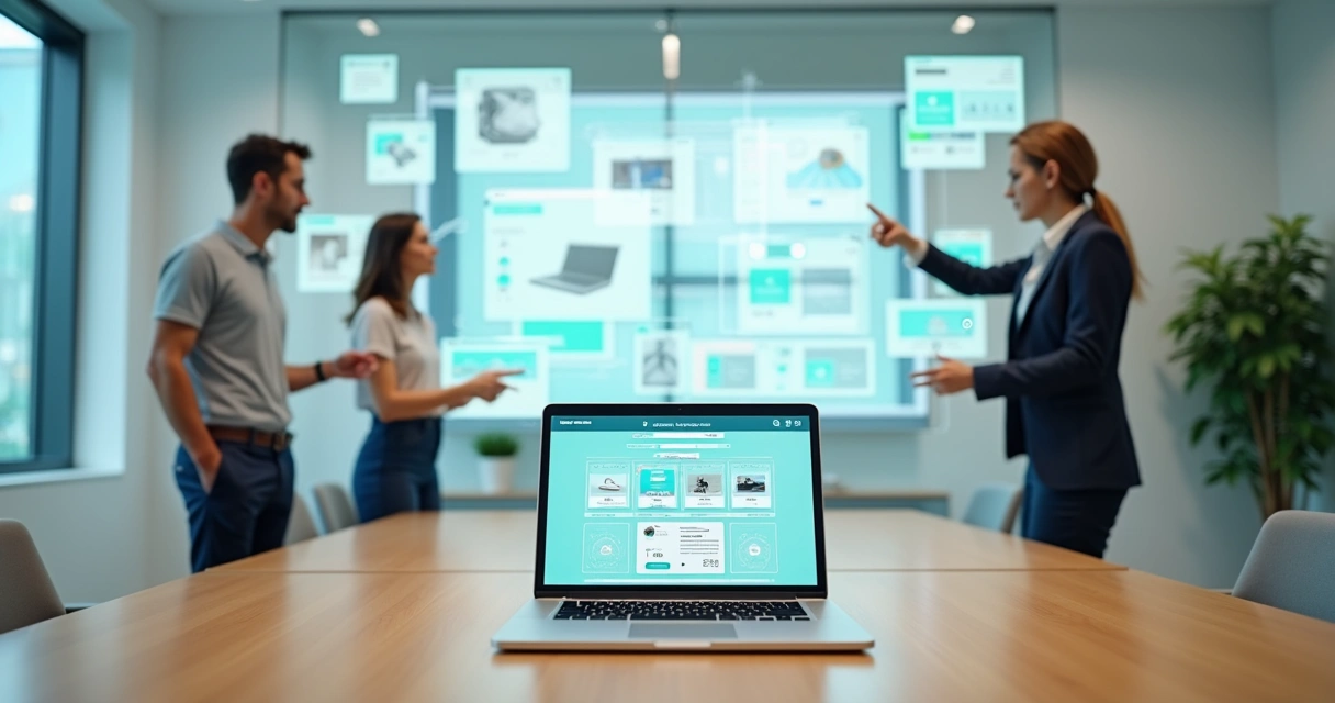 Empreendedor avaliando painel de telas digitais com catálogo online de produtos