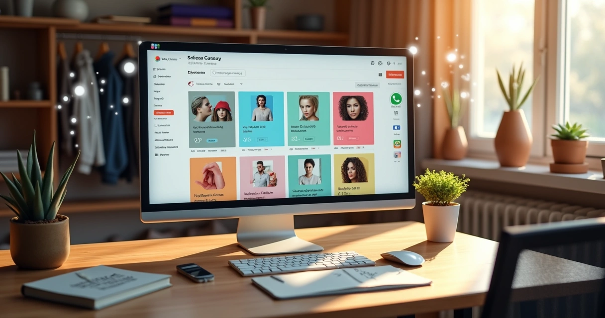 Pequeno lojista organizando catálogo digital de produtos em grande tela de computador