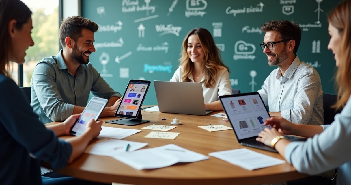 Pequenos empreendedores reunidos em mesa redonda comparando plataformas de catálogo virtual em tablets e celular