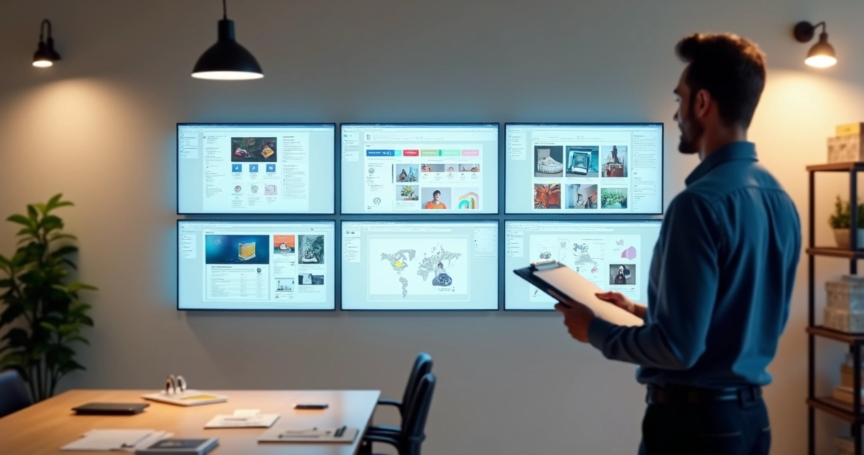 Lojista observa parede com telas de programas de catálogo de produtos