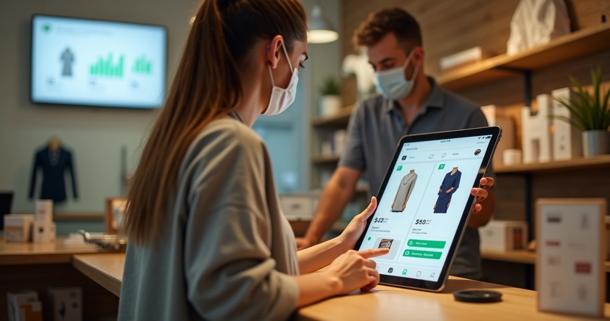 Lojista mostrando catálogo digital profissional em tablet para cliente na loja