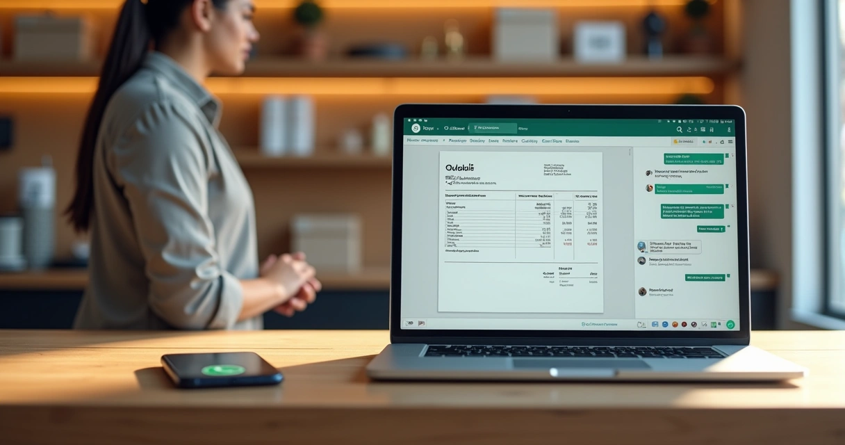 Lojista em balcão de loja vendo orçamento em PDF no notebook conectado ao WhatsApp