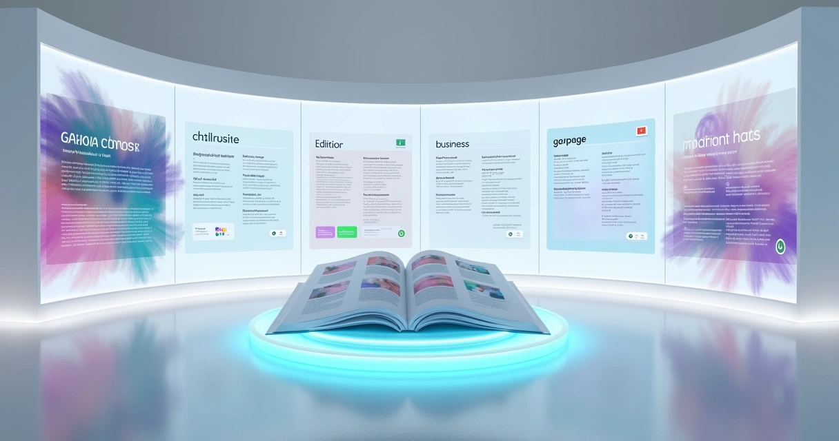 Painel digital com várias IAs criando catálogo de produtos lado a lado