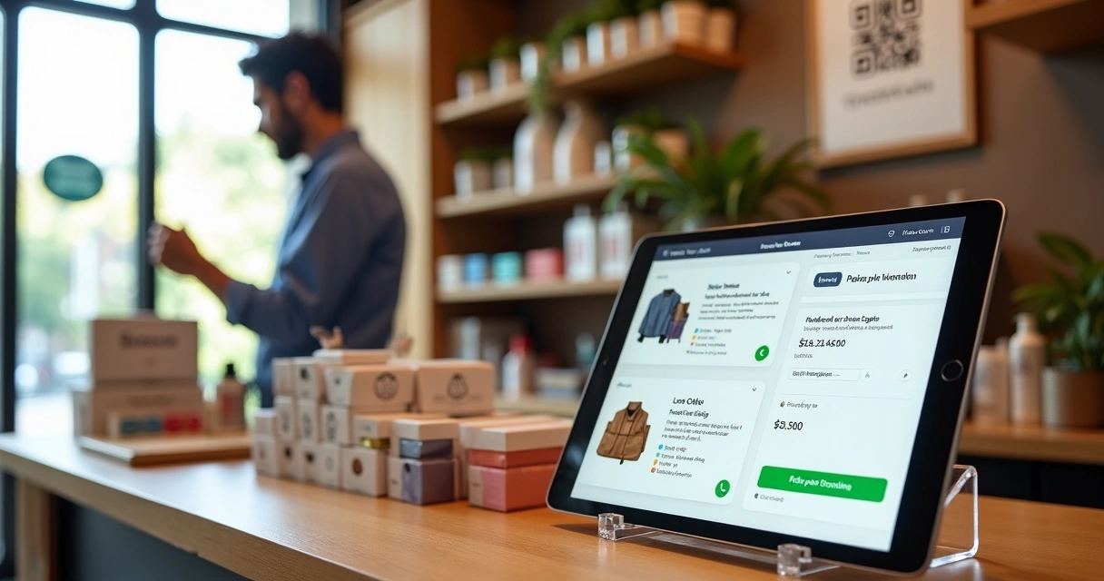 Lojista em pequena loja usando tablet com catálogo digital ao lado de vitrine